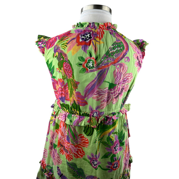 Banjanan Parrot Tropical Floral Mini Dress Ruffle Pleated Cotton Tie Green Large - Picture 8 of 16